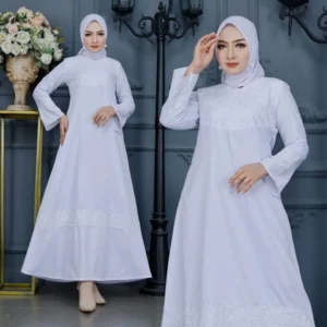 Biyai - Asna Gamis Wanita Muslim Putih Motif Polos Bordir Dada Kantong Dan Bawah Bahan Katun Toyobo Premium