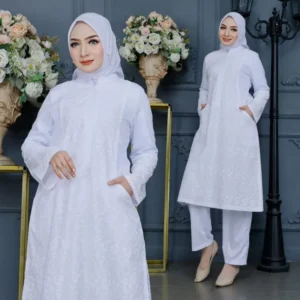 Biyai - Elida Setelan Celana Wanita Putih Kombinasi Bahan Katun Bordir Toyobo Premium