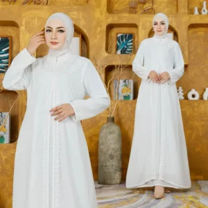 Biyai - Gamis Abaya Wanita Muslim Hitam Dan Putih Tulang Polos Renda Elegan Bahan Ceruti Babydoll Premium