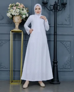 Biyai - Halimah Gamis Syari Wanita Putih Bordir Motif Jaring Kekinian Umroh Haji Bahan Katun Premium