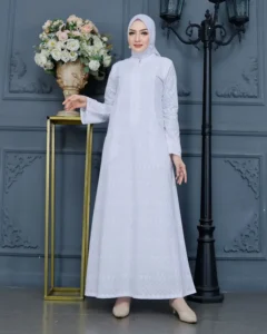 Biyai - Halimah Gamis Syari Wanita Putih Bordir Motif Keong Mewah Elegan Umroh Haji Bahan Katun Premium