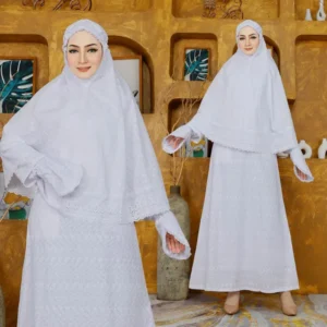 Biyai - Halimah Gamis Syari Wanita Putih Motif Bunga Set Sarung Tangan + Bergo Umroh Haji Katun Bordir Premium