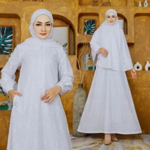 Biyai - Rida Gamis Wanita Muslim Putih + Bergo Bordir Motif Keong Umroh Haji Bahan Katun Premium