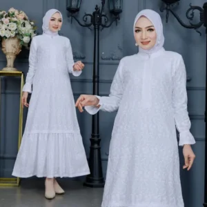 Gamis Wanita Muslim REMBAW Putih Motif Keong Mewah Elegan Umroh Haji Bahan Katun Bordir Premium by Biyai